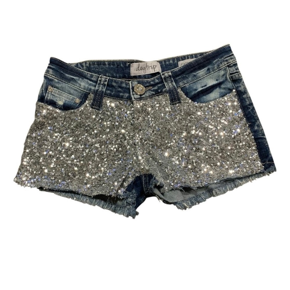 Daytrip Capricorn Shorts 26S Blue Sequin Distressed Glam Y2K Festival Raw Hem